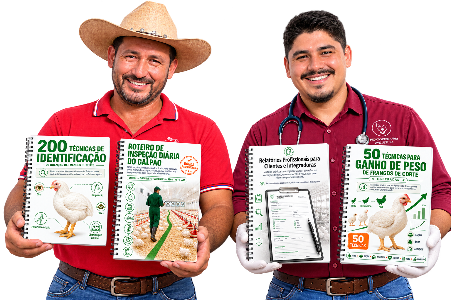 Produtor rural e médico veterinário segurando os materiais da Avicultura Ilustrada